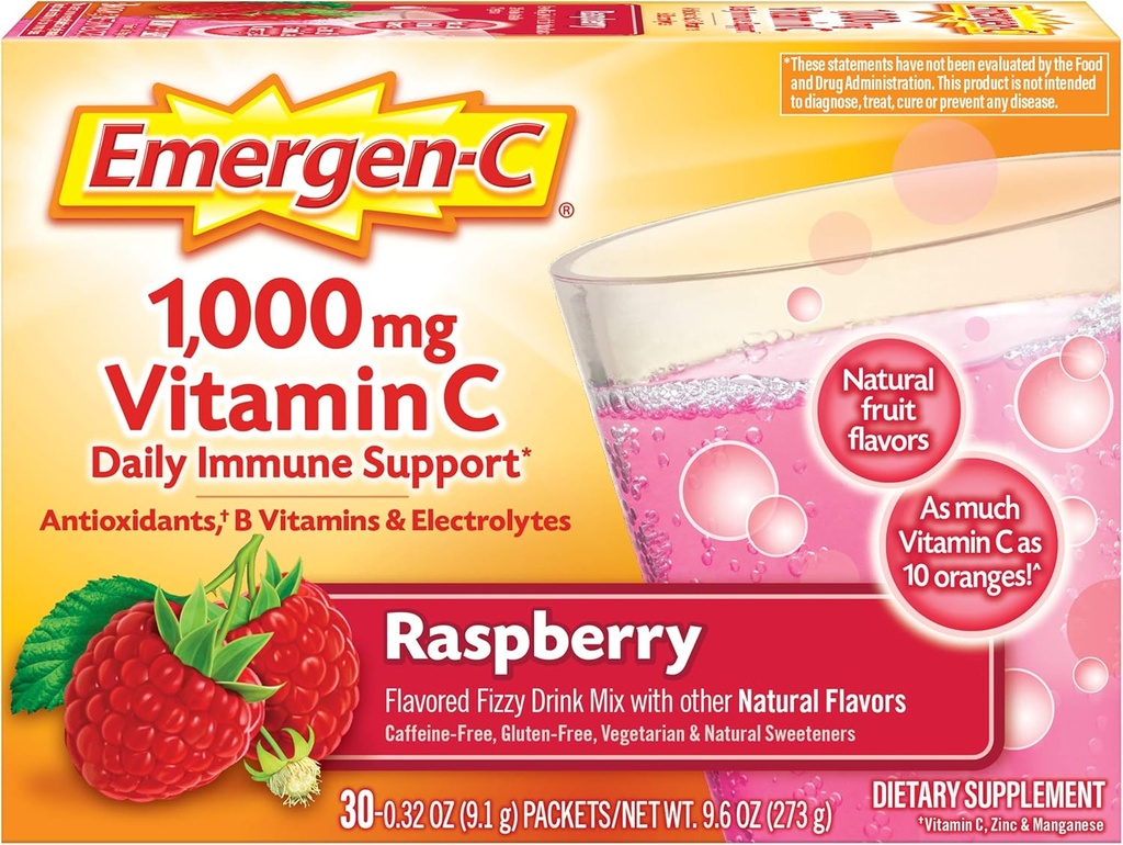 Emergen-C (30 Count, Raspberry Flavor, 1 Month Supply) Dietary Supplement Fizzy Drink Mix with 1000mg Vitamin C, 0.32 Ounce Packets, Caffeine Free