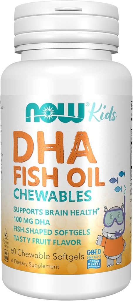 NOW Foods Supplements, DHA Kids 100 mg, Supports Brain Health*, Fruit Flavor, 60 Chewable Softgels, packaging may vary