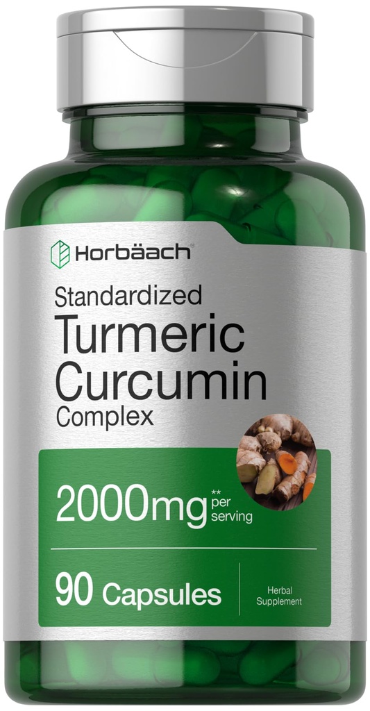 Horbäach Turmeric Curcumin Supplement | 90 Capsules | Complex with Black Pepper | Non-GMO, Gluten Free