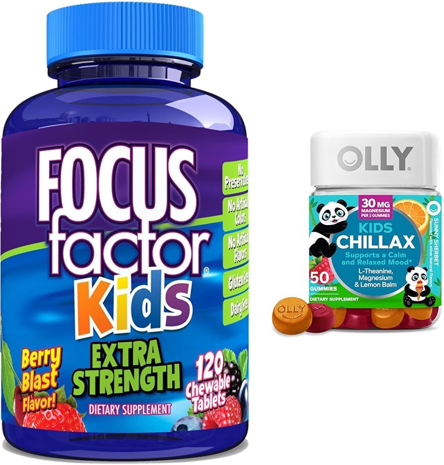 Focus Factor Kids Extra Strength Daily Chewable Brain Health Support + OLLY Kids Chillax Calm Chews, 50 Count