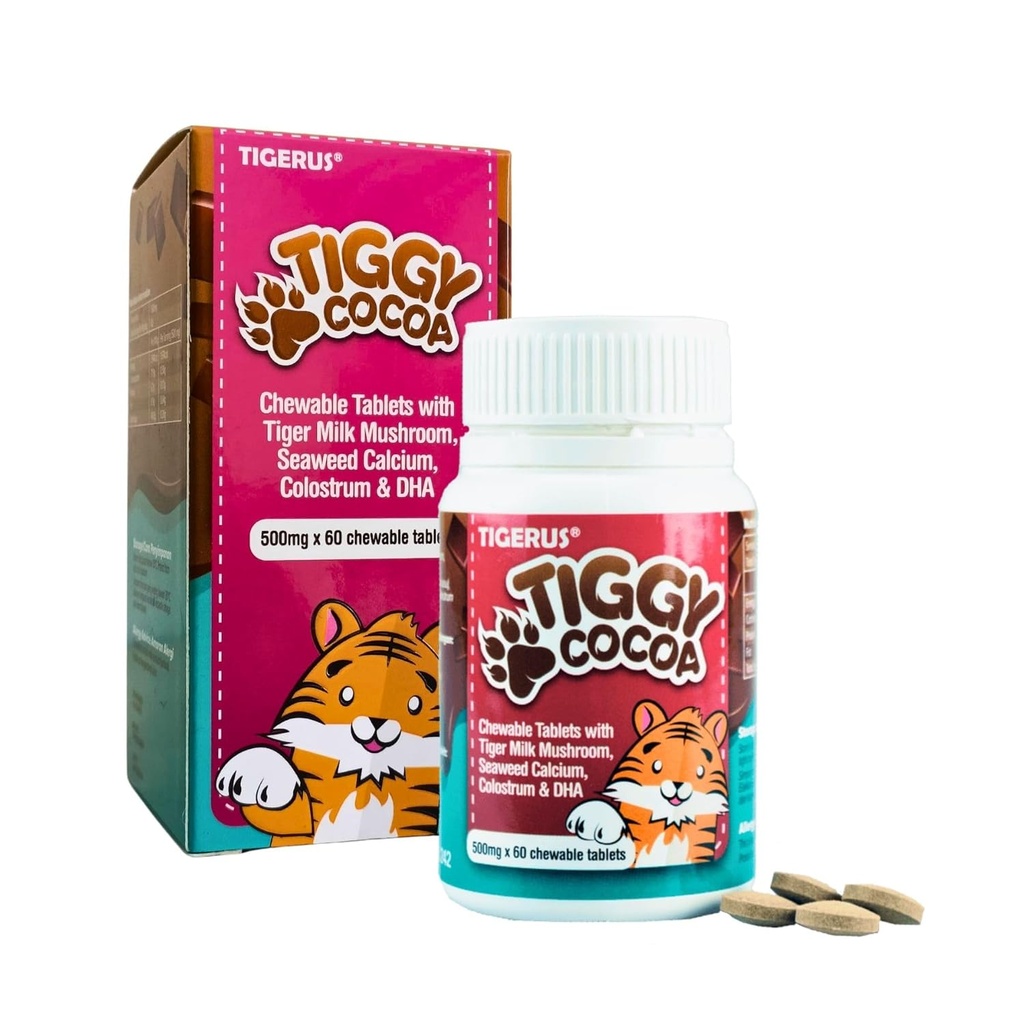 TIGGY Cocoa Chewable Tablets with Tiger Milk Mushroom – Delicious, Convenient and Nutritious Cocoa-Based Supplement for Energy, Wellness, and Overall Health – 60 Tablets, Kids & Adults