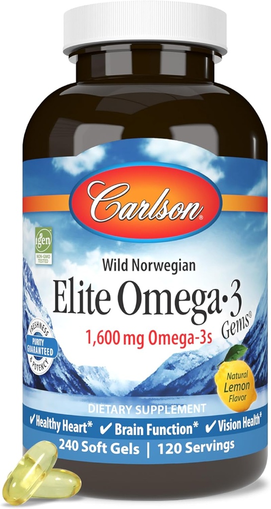 Carlson Elite Omega 3 Gems, 1600mg, Lemon Flavored, 240 Softgels