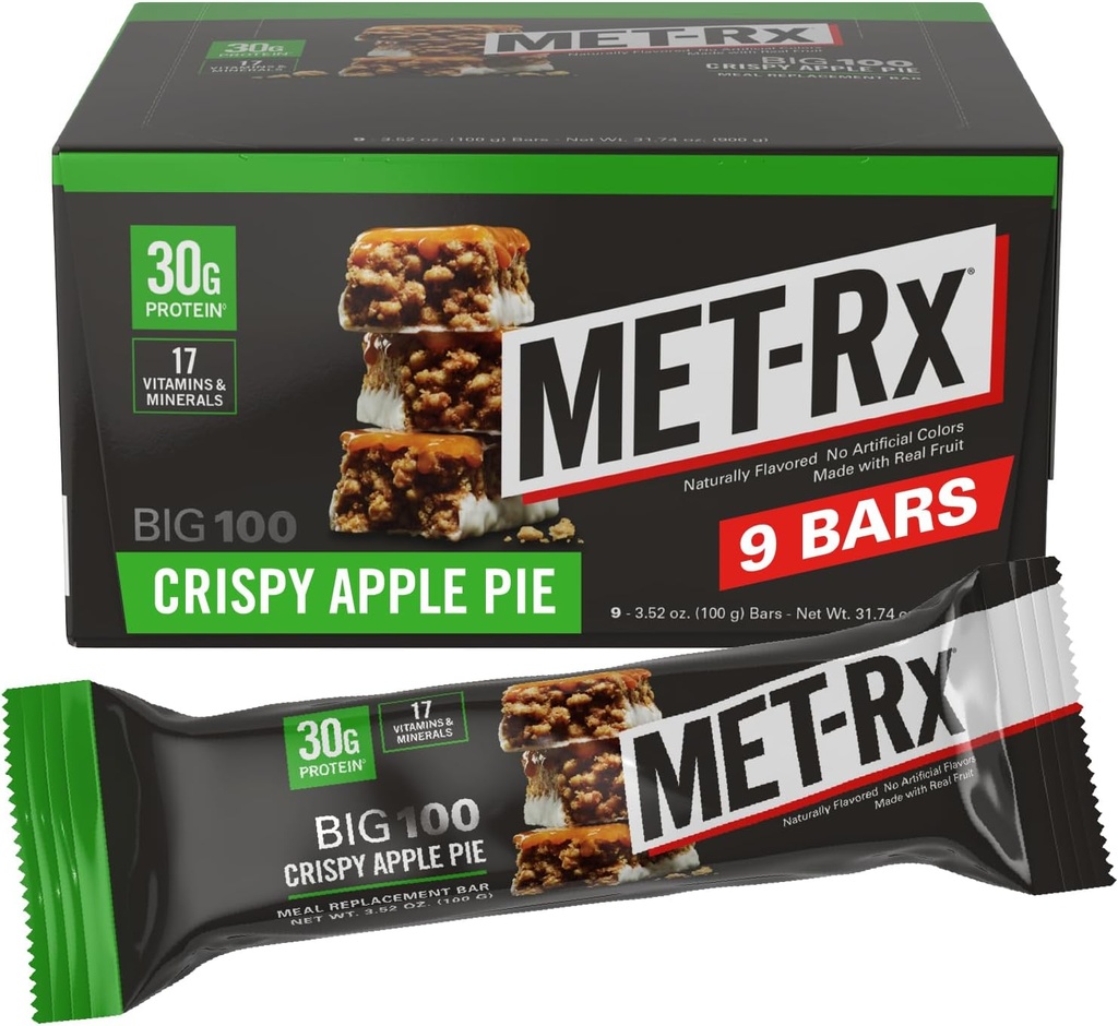 MET-Rx Big 100 Colossal Protein Bars, Crispy Apple Pie Meal Replacement Bars, 9 Count