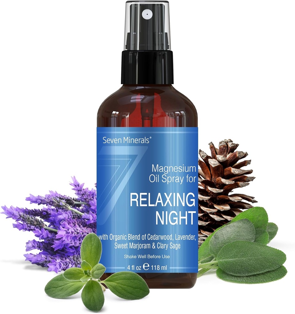 Seven Minerals Relaxing Night Magnesium Spray, Powerful Organic Blend of Essential Oils (Cedarwood, Lavendar, Sweet Marjoram, & Clary Sage) 4 fl oz