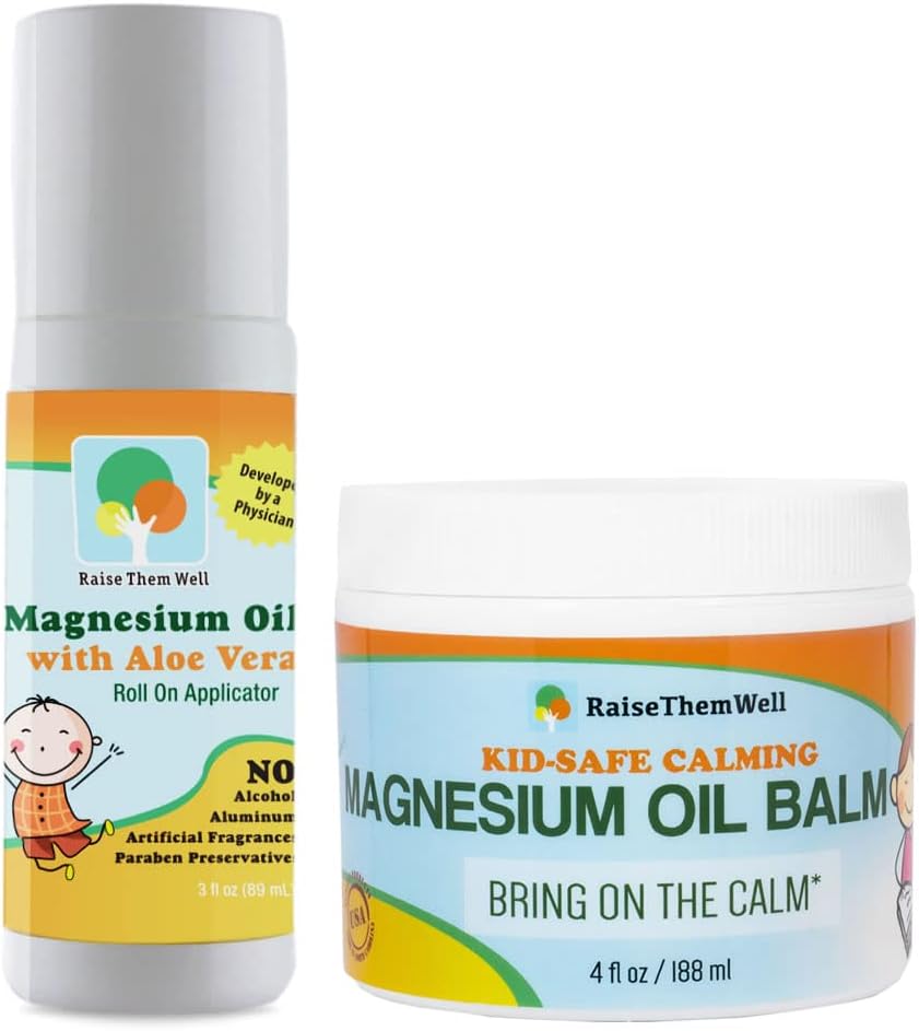 Raise Them Well Kids Safe Magnesium Oil Balm and Kid Safe Original Magnesium Oil Roller Bundle