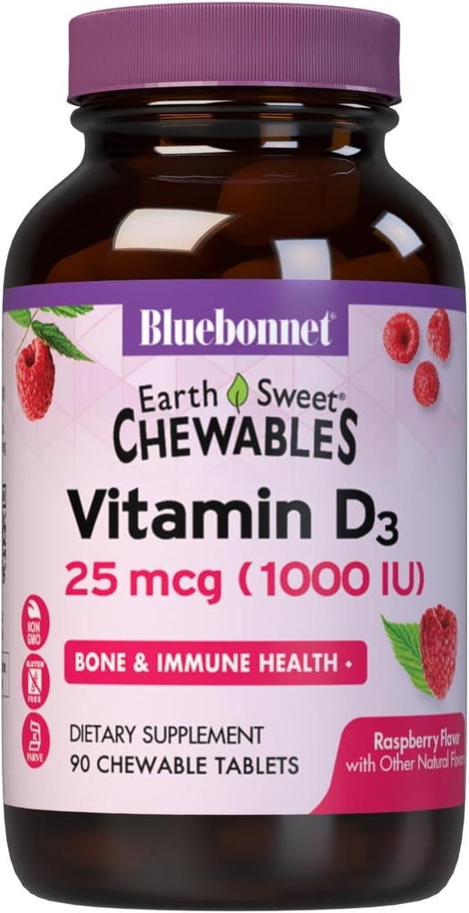 Bluebonnet Nutrition EarthSweet Vitamin D3 1000IU - Bone & Immune Support Supplement - Raspberry Chewable Vitamin D Supplement for Women & Men - Soy-Free, Gluten-Free, Non-GMO - 90 Tablets
