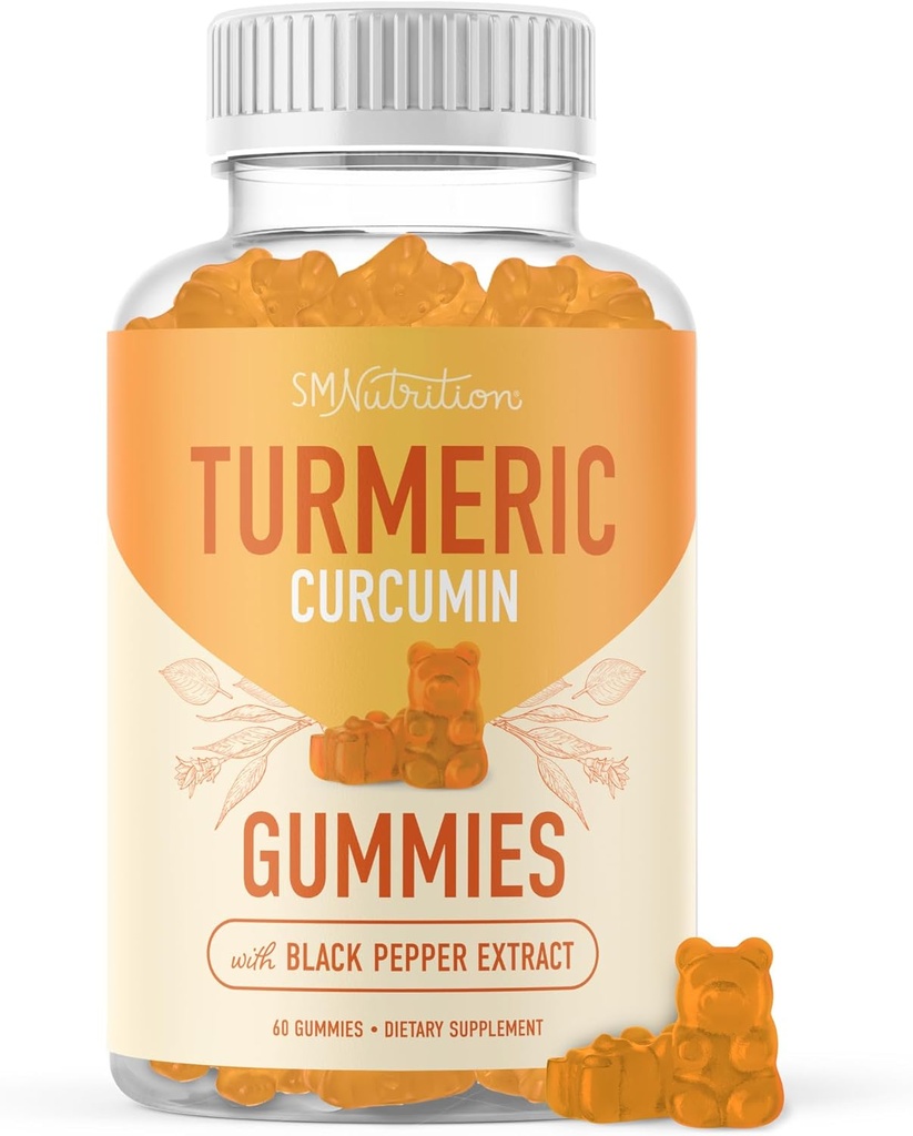 Turmeric Gummies for Adults (60 Count, 30-Day Supply) - Turmeric Curcumin Supplement Gummies w/Black Pepper for Joint Support* - Ginger Flavored, Non-GMO, Vegan, Gluten-Free Joint Supplement