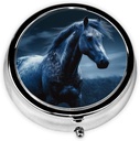 Pill Box 3 Compartment Round Small Pill Case Travel Pillbox for Purse Pocket Blue Horse Metal Medicine Organizer Portable Pill Container Holder to Hold Vitamins Medication Supplements