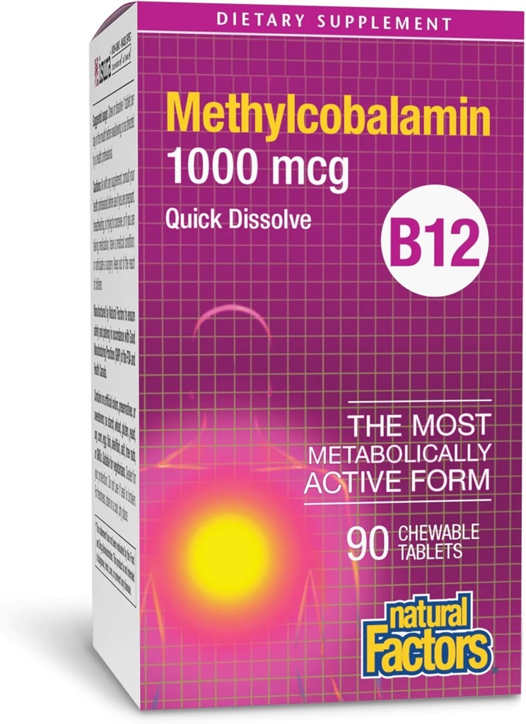 Natural Factors, Vitamin B12 Methylcobalamin 1000 mcg, Chewable Support for Energy and Immune Health, Vegetarian, Gluten Free, 90 tablets (90 servings)