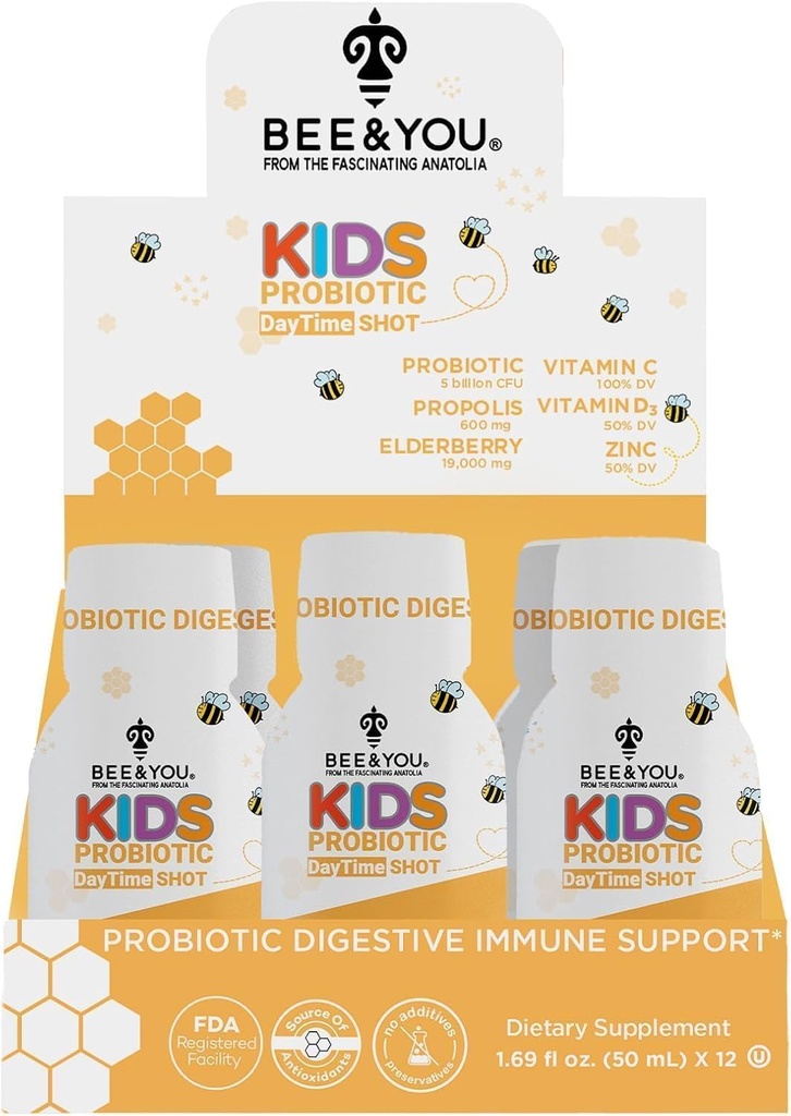 Bee and You Kids Propolis Immune Day Time Shot - Probiotic, Vitamin C, Vitamin D3, Zinc, Immune Support, Gut Health, Digestive Health, 1.69 Fl. oz, 12 Pack