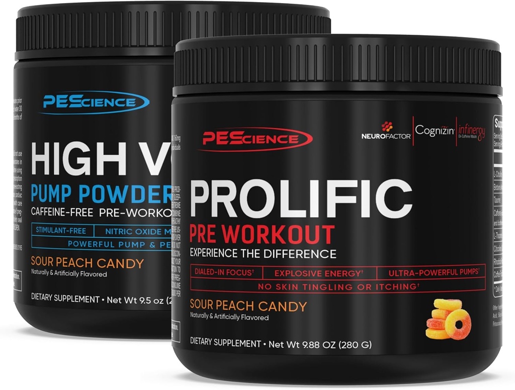 PEScience Pre Workout Stack – Prolific & High Volume, Sour Peach Candy, Nitric Oxide Booster – 40 & 36 Scoops, L Arginine Nitrate, L Citrulline, Pre Workout Powder for Men & Women