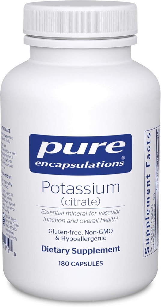 Pure Encapsulations Potassium (Citrate) - Essential Electrolyte Supplement to Support Nerve & Muscle Function, Adrenals, Hormones, Heart Health & Energy* - Potassium Citrate Capsule - 180 Capsules