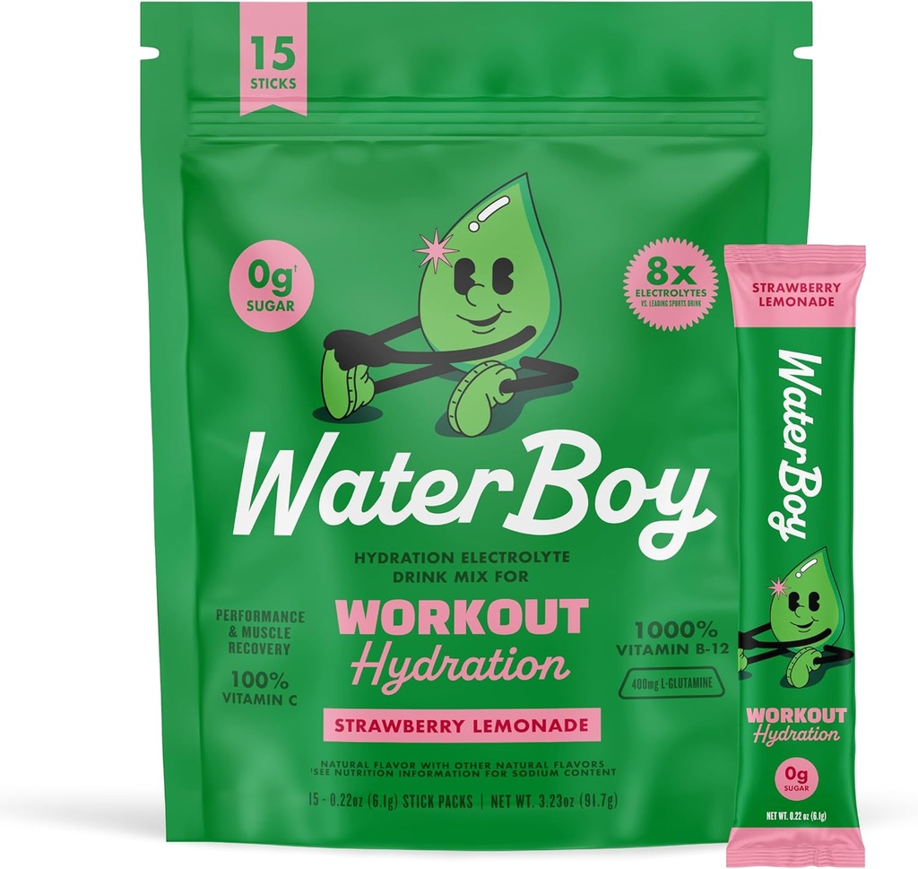 Waterboy Workout Hydration | 2,960mg Sugar Free Electrolyte Powder Packets | L-Glutamine + Vitamins | No Sugar, All Natural, Gluten Free | 15 Drink Stick Mixes (Strawberry Lemonade)