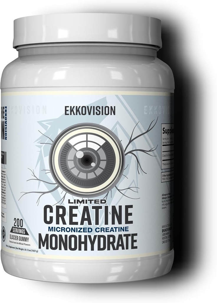 Ekkovision Creatine Monohydrate Powder, Micronized, Glacier Gummy, Pre Workout & Post Workout Supplement for Men & Women, Energy Support, Easy to Mix in Shakes, Smoothies & Beverages, 200 Servings