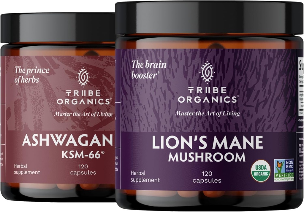 TRIBE ORGANICS NOOTROPIC Duo - KSM66 Ashwagandha + Organic Lion's Mane - Beyond Focus, Mind Awareness and Mind Health