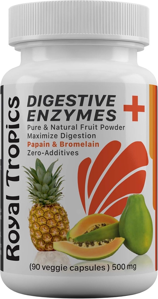 Royal Tropics Digestive Enzyme Supplements - Vegetarian Formula with Green Papaya Added Bromelain Acid Reducer for Perfect Gut Health Veggie 90 Capsules 500 mg