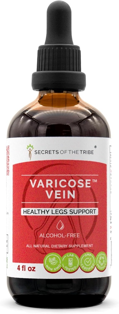 Secrets of the Tribe Varicose Vein Alcohol-Free, Glycerite Butcher's Broom, Horse Chestnut, Bilberry, Cayenne, Gotu Kola, Grape. Tincture, Herbal Extract Healthy Legs Support 4 OZ