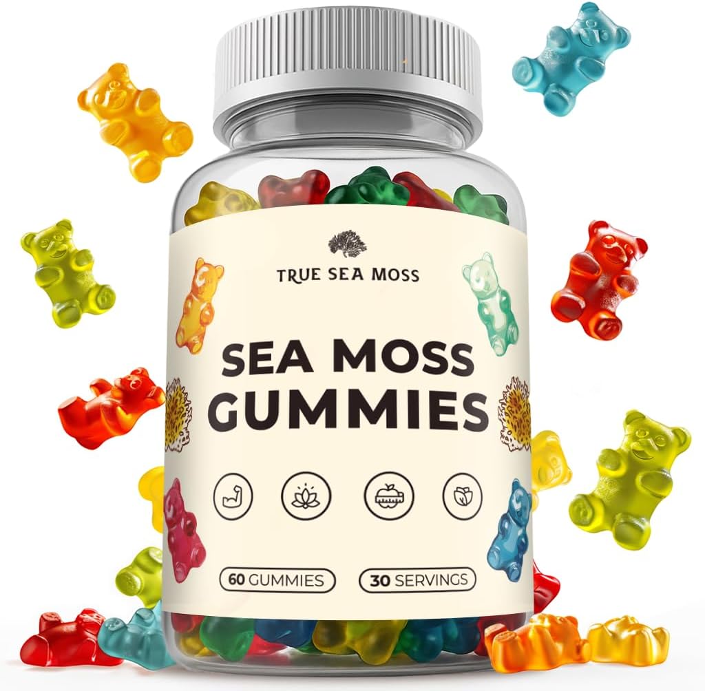 TrueSeaMoss Irish Sea Moss Gummies with Burdock Root & Bladderwrack – Vegan Formula for Adults & Kids – Non-GMO, Gelatin-Free, Fruit Flavor – Made in USA – 60 Gummies