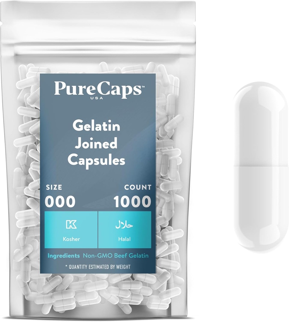 PureCaps USA - Empty Gelatin Capsules Size 000| 1,000 Joined Pills| White| Non-GMO Certified | SLS, Gluten, Preservative Free