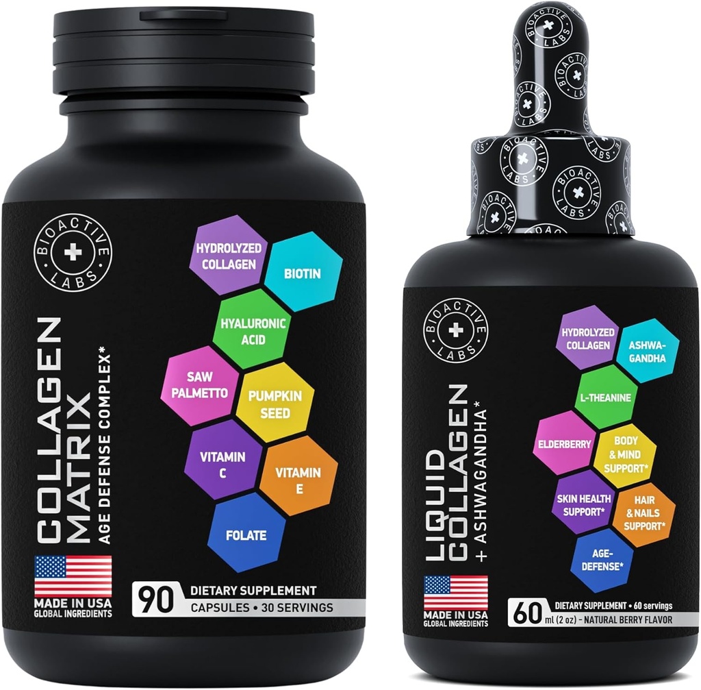 Age Defense Beauty Collagen Matrix and Liquid Collagen Plus Ashwagandha Beauty Bundle for Hair Growth, Skin Glow, Nails