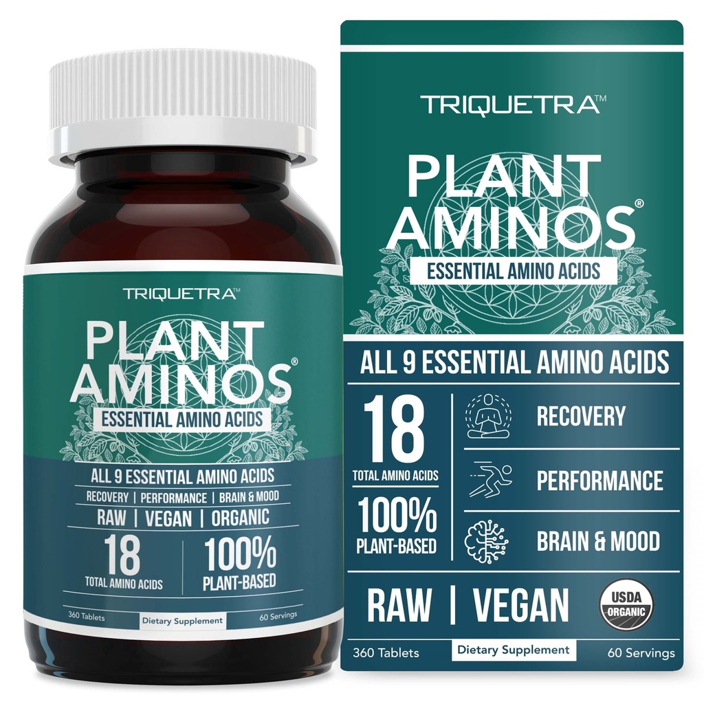 Plant Aminos Organic Essential Amino Acid Supplement (EAAs) & BCAA - 100% Plant-Based Raw, Vegan - All 9 Essential Amino Acids with 18 Total Amino Acids (360 Tablets)