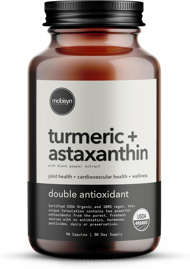 Organic Astaxanthin 12mg Plus Turmeric 1500mg, Black Pepper Extract, High Absorption, Eye, Heart, Skin, Joint, Vegan, Gluten-Free, Non-GMO, Double Antioxidant, Turmeric Curcumin Supplement, 30-Days