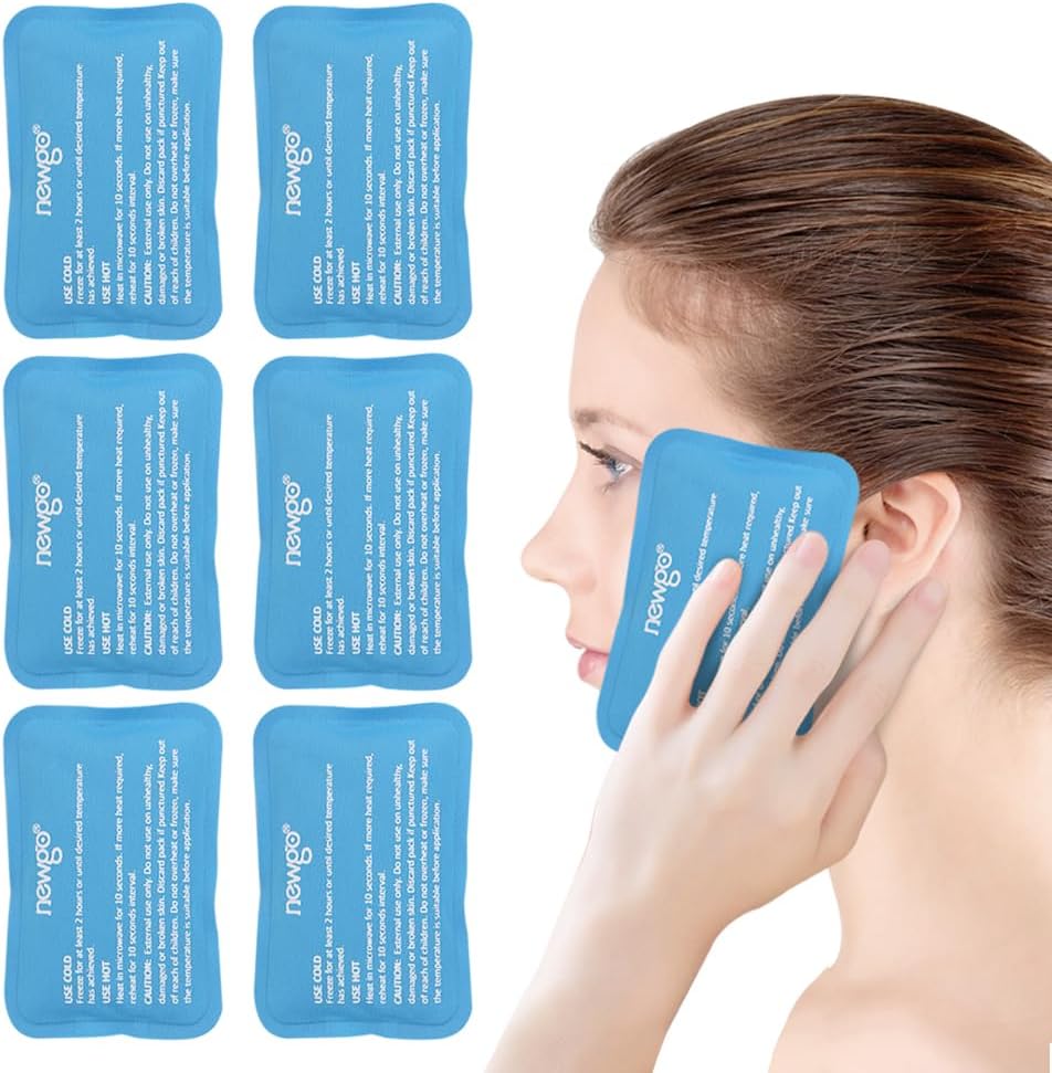 NEWGO Mini Ice Packs (6 Packs) Gel Cold Packs for Injuries Reusable, Face Ice Pack for Face Surgery, Teeth Pain, Tired Eyes, Kid's Boo Boos, Bruises, Headaches,Breastfeeding 4.5"X 3.2" Blue