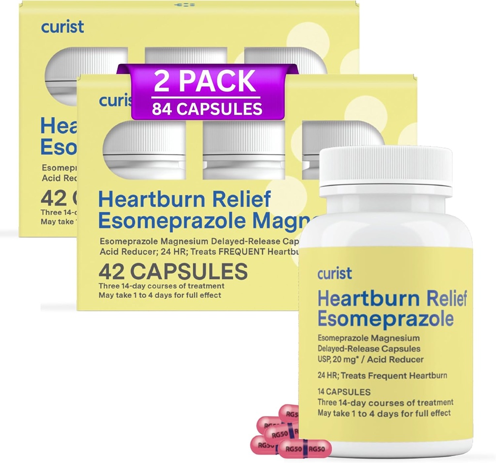 Curist Esomeprazole 20mg Capsules Delayed-Release 84 Count - Acid Reflux Medicine for Heartburn Relief - Two Packs of 42 Count Capsules (84 Total) - Acid Reflux Relief