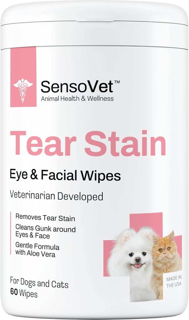 Tear Stain Remover Eye Wipes for Dogs & Cats, Cleans Eye Boogers and Gunk Discharge, Facial Cleansing with Aloe Vera (Fragrance Free)
