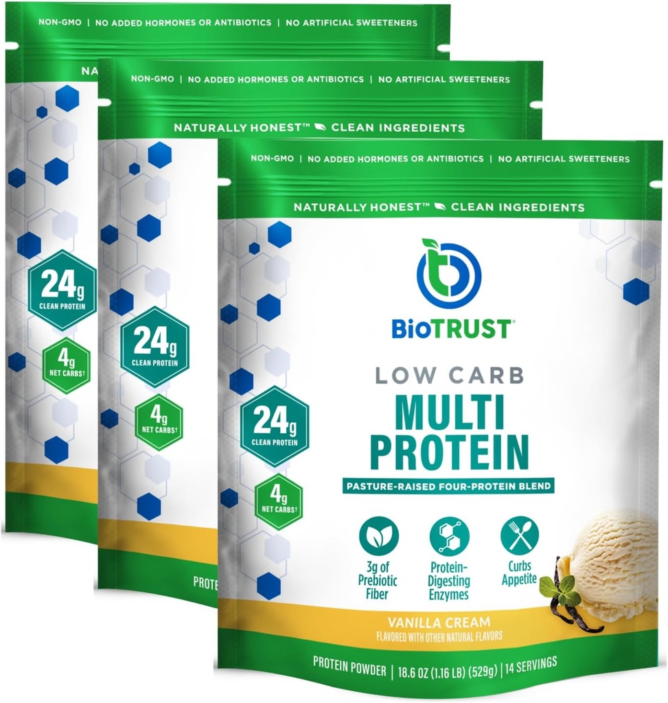 BioTrust Low Carb Protein Powder – Natural and Delicious Whey & Casein Blend from Grass-Fed Hormone Free Cows – Non GMO, Soy Free, Gluten Free, Hormone Free (Vanilla, 3-Pack)