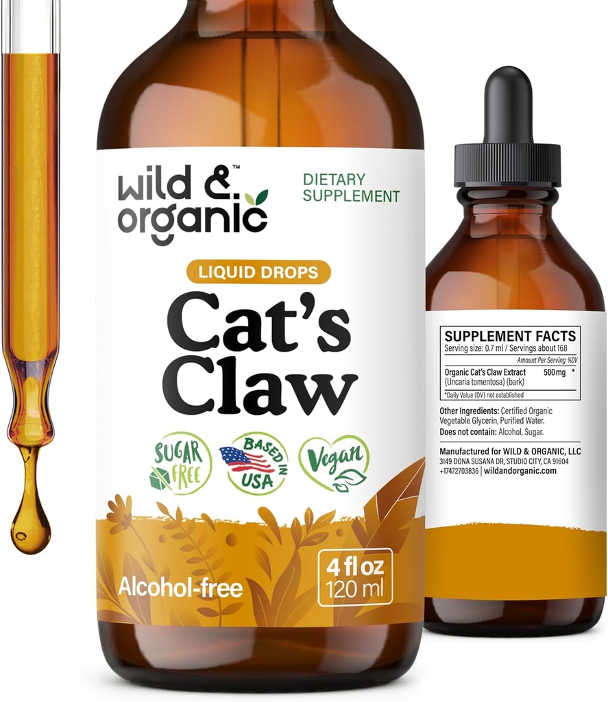 Wild & Organic Cats Claw Tincture - Immune Support Supplement - Cats Claw Herb Liquid Extract - Vegan, Sugar & Alcohol-Free Bark Based Drops - 4 fl oz