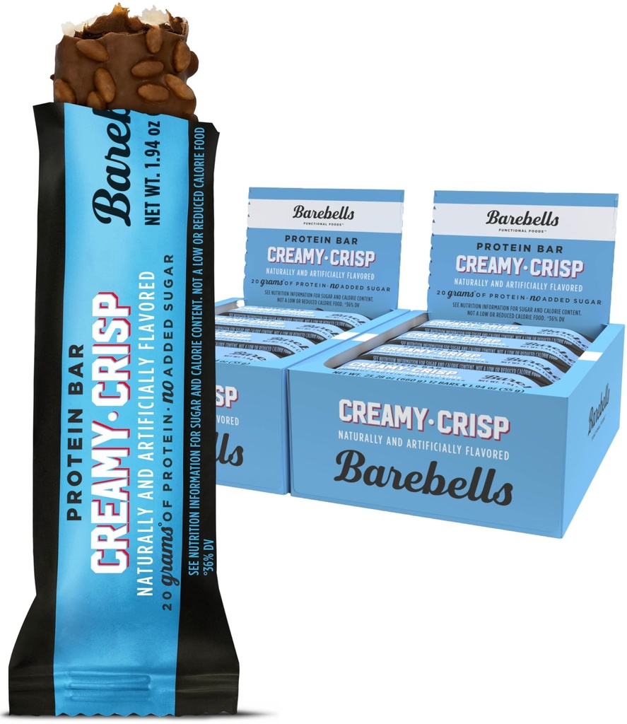 BAREBELLS Protein Bars Creamy Crisp - 12 Count, Pack of 2 - Protein Snacks with 20g of High Protein - Chocolate Protein Bar with 1g of Total Sugars - Perfect on The Go Protein Snack & Breakfast Bars