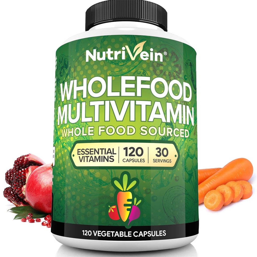 Nutrivein Whole Food Multivitamin for Men & Women – 120 Vegan Multivitamin Caps for Adults – Daily Energy, Immune & Heart Support – Raw Fruit & Veggie Blend + B Vitamins - Not Intended for Kids