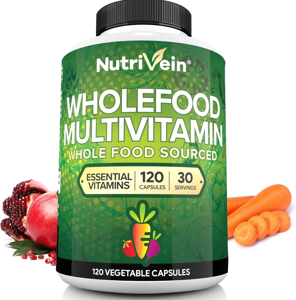 Nutrivein Whole Food Multivitamin for Men & Women – 120 Vegan Multivitamin Caps for Adults – Daily Energy, Immune & Heart Support – Raw Fruit & Veggie Blend + B Vitamins - Not Intended for Kids