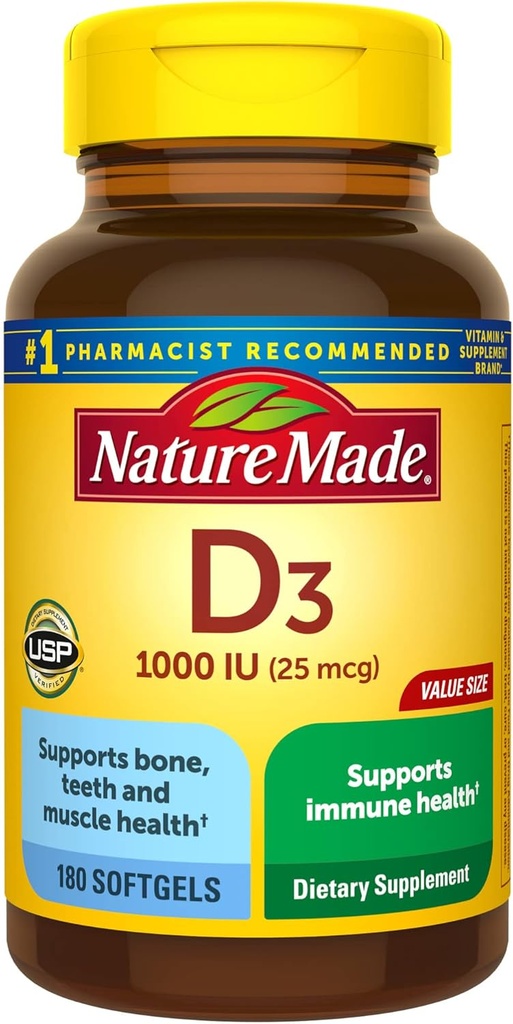 Nature Made Vitamin D3 1000 IU (25 mcg), Vitamin D Supplement for Bone, Teeth, Muscle and Immune Health Support, 180 Softgels, 180 Day Supply