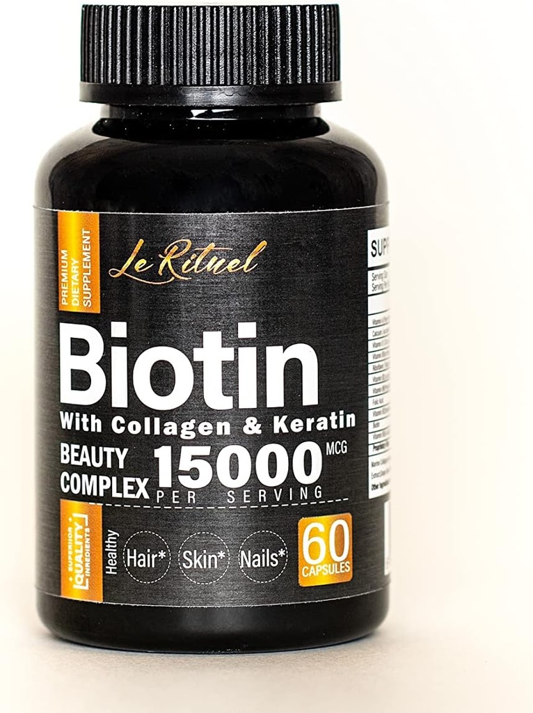 Biotin Vitamins with Collagen & Keratin - Hair Growth Supplement for Women & Men - 15000 mcg Pills - Vitamins A,D,B1,B2,B3,B5,B6,B12 Complex - Healthy Vegan Capsules - 60 Count