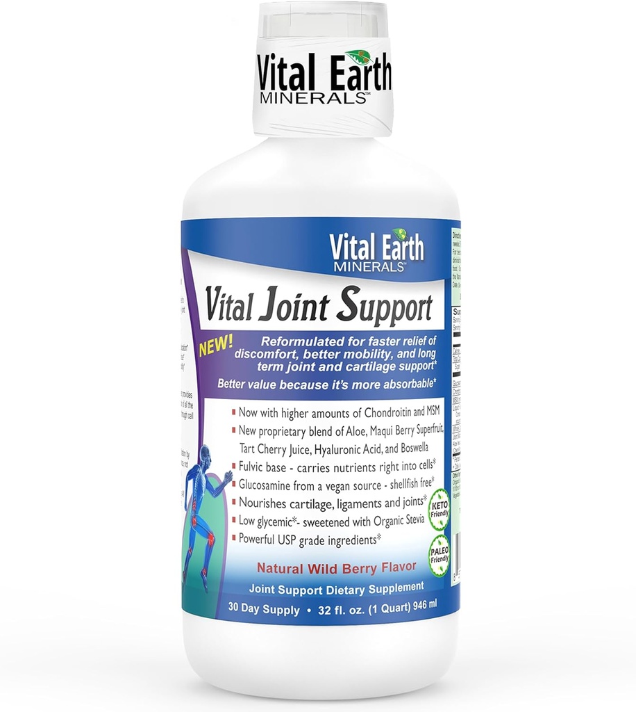 Vital Earth Liquid Joint Support Supplement – Glucosamine, Chondroitin, MSM Plus Hyaluronic Acid, Boswellia & Fulvic Acid (70+ Trace Minerals), 32 Oz + 1 Oz Cup