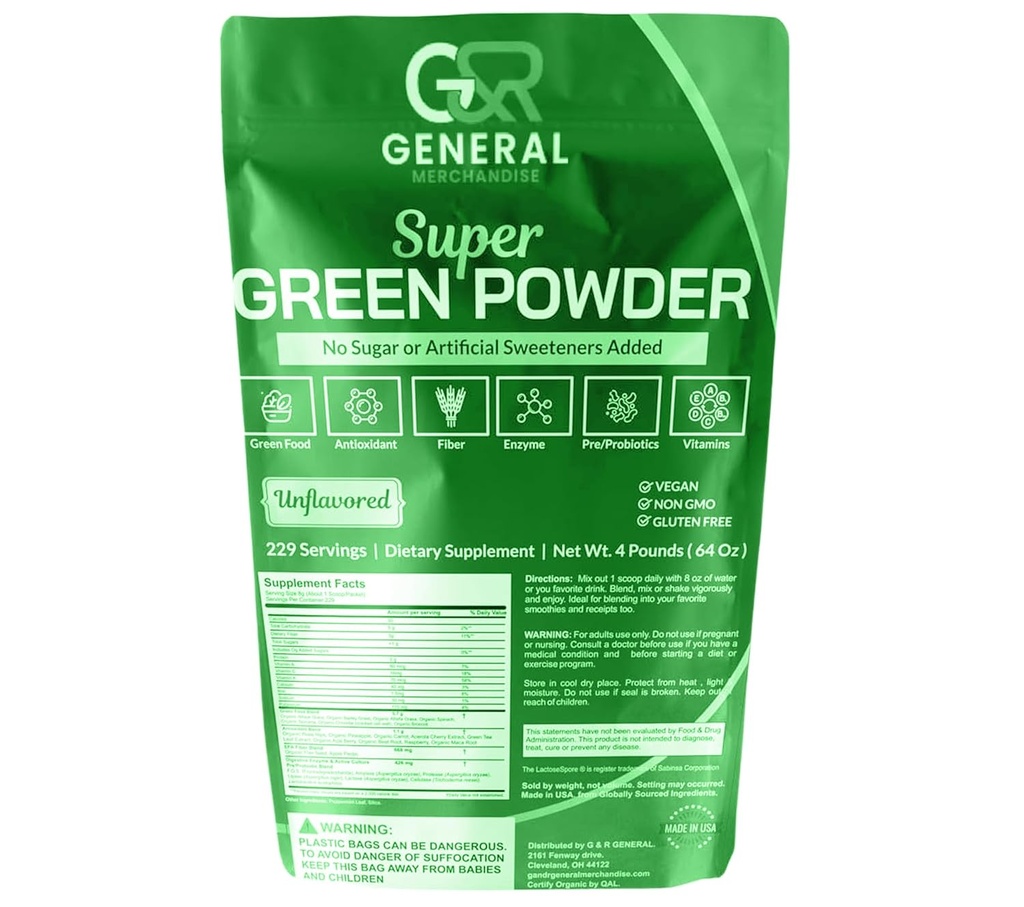 Super Greens Powder Superfood Organic, 229 Servings Digestive Enzymes, Probiotics & Vitamins Vegetables (Wheatgrass, Spirulina & more), Fruits, 4 Pounds(64oz).
