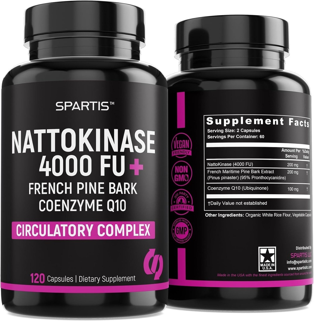 Nattokinase Supplement 4000 FU CoQ10 100mg French Maritime Pine Bark Extract 200mg with Enzymes for Circulatory & Cardiovascular Support (Pack of 1 at 120-Caps)