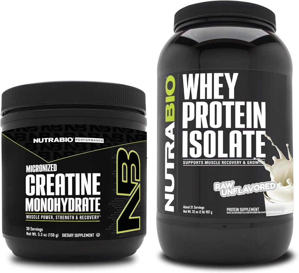 NutraBio Creatine Monohydrate, Unflavored, 150g and Whey Protein Isolate, Unflavored, Supplement Bundle - Muscle Energy, Lean Muscle Growth, Recovery, and Strength