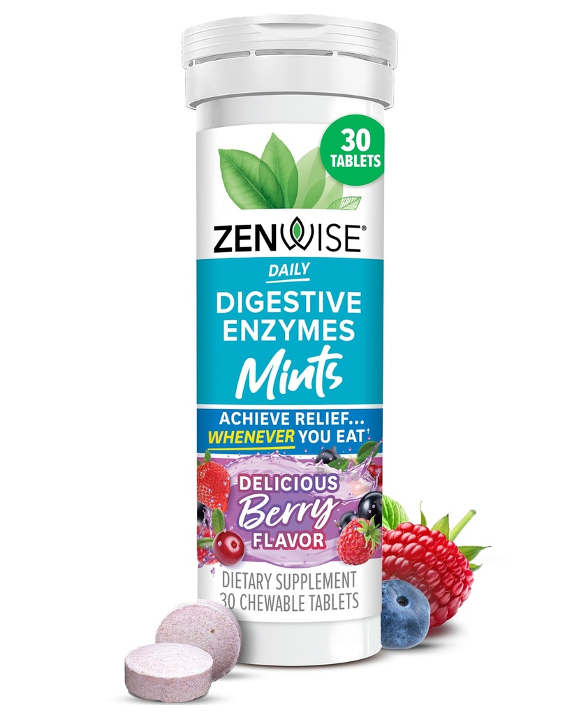 Zenwise Health Digestive Enzyme Breath Mints for Gut Health, Delicious Berry Flavor - Digestive Enzymes for Bloating Relief & Gut Support - Multi Enzymes Digestion Supplement - 30 Chewable Tablet