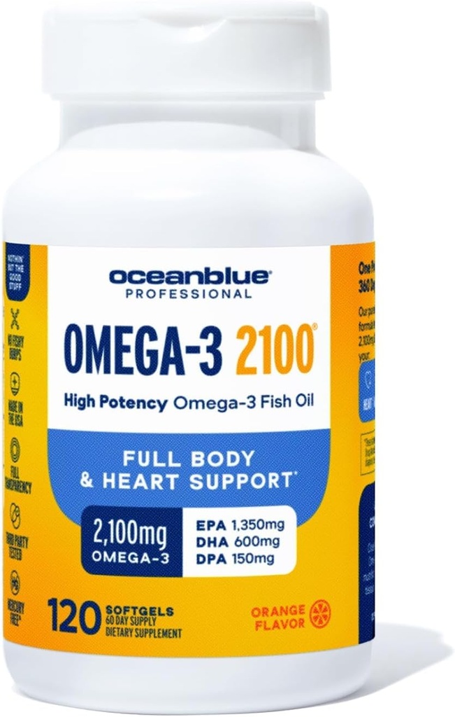 Oceanblue Professional Omega-3 2100-120 ct - High-Potency Triple Strength Burpless Fish Oil with EPA, DHA & DPA - Wild Caught - Orange Flavor, 60 Servings