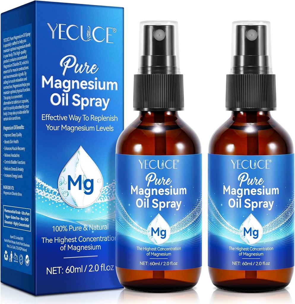 Pure Magnesium Oil Spray - 100% Natural Magnesium Spray – Made with Concentrated Pure Magnesium Chloride Oil - Topical Magnesium Spray (2 Pack 2 fl oz)