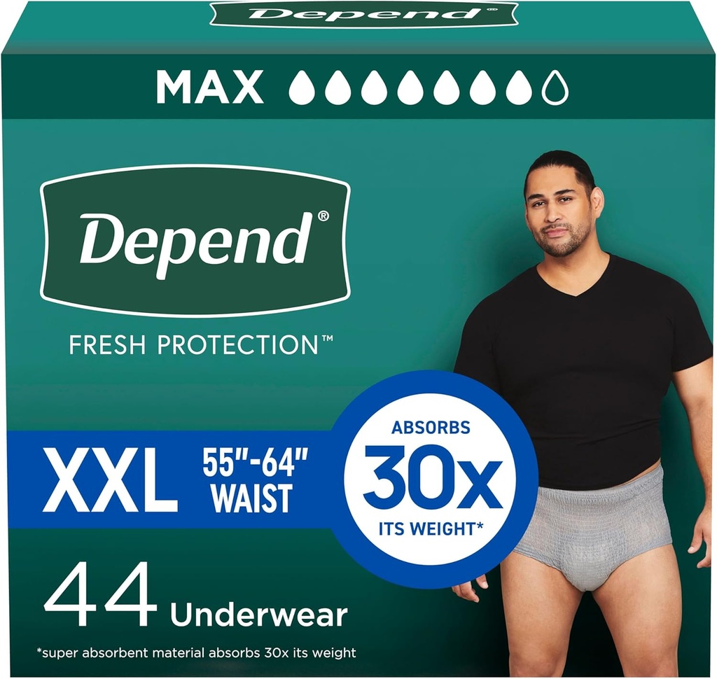 Depend Fresh Protection Adult Diapers, Incontinence Underwear for Men, Disposable, Maximum, Extra-Extra-Large, Grey, 44 Count (2 Packs of 22), Packaging May Vary