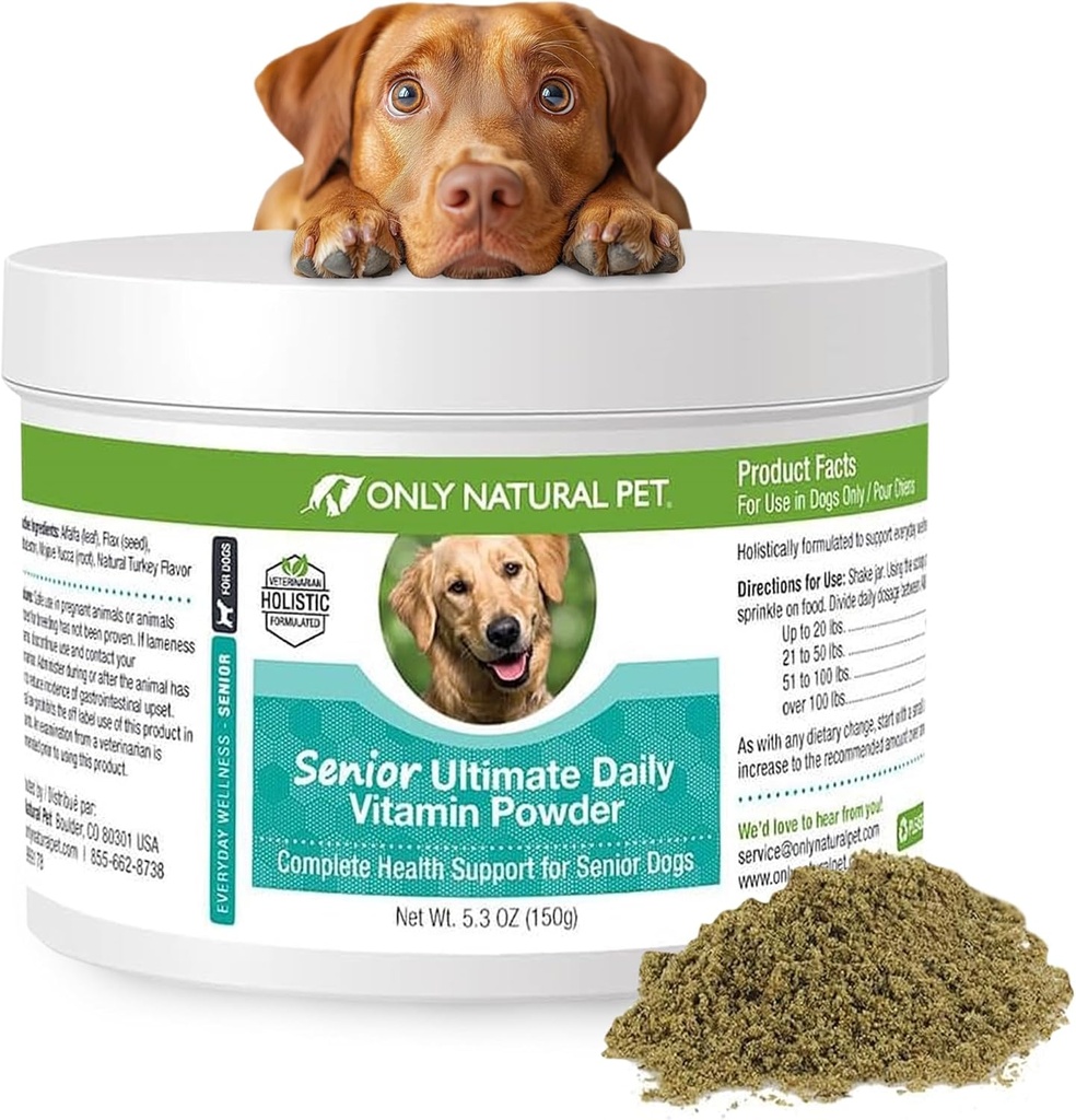 Only Natural Pet Senior Ultimate Daily Canine Vitamin Supplement for Dogs Complete Holistic Health Support - Made in USA, 5.3 oz Turkey Flavored Powder