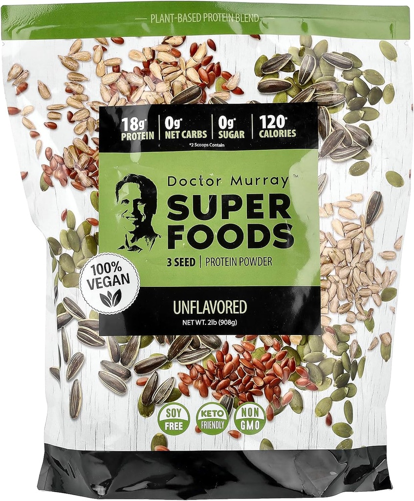 Dr. Murray's Super Foods, 3 Seed Protein Powder, Pumpkin + Flax + Sunflower, Unflavored, 2 lb (908 g)