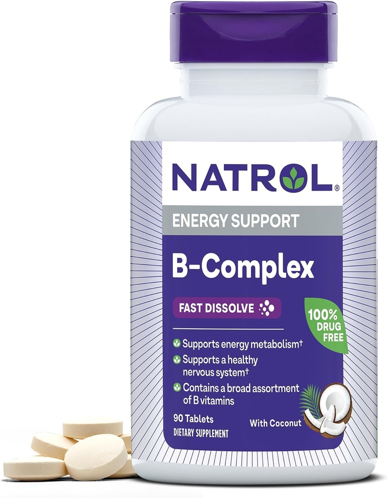 Natrol, B-Complex Fast Dissolve Tablets, Supplement Promotes Energy & Supports Healthy Nervous System, 90 Count