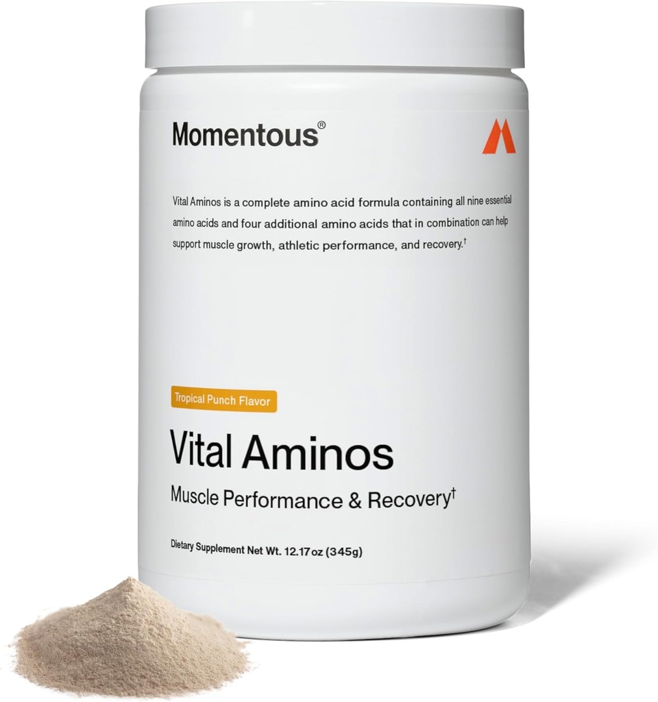 Momentous Vital Aminos Powder Supplement - BCAA & EAA - Tropical Punch - NSF Certified for Sport - GMO- & Gluten-Free - 30 Servings - Package May Vary