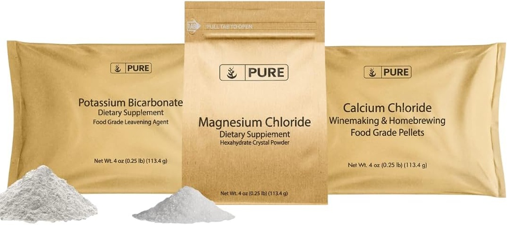 Pure Original Ingredients Potassium Bicarbonate, Magnesium Chloride, and Calcium Chloride Bundle, 4 oz Each, Food Safe