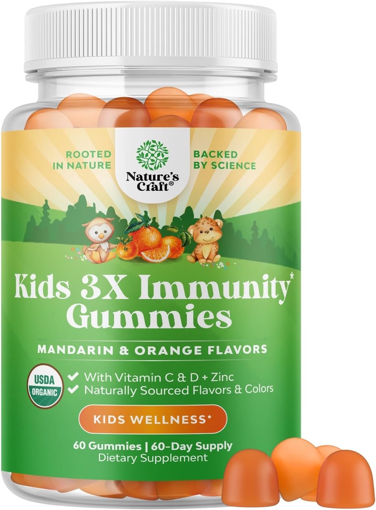 Natures Craft Organic Kids Immune Support Gummies - Vegan Organic Vitamin D Gummies for Kids with Vitamin C and Zinc for Immunity - D3 Zinc and C Gluten Free & Non GMO (60 Servings)